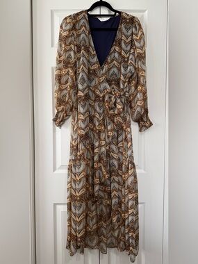 LC Lauren Conrad Paisley Wrap Midi Dress M Boho Long Sleeve Tie Waist
